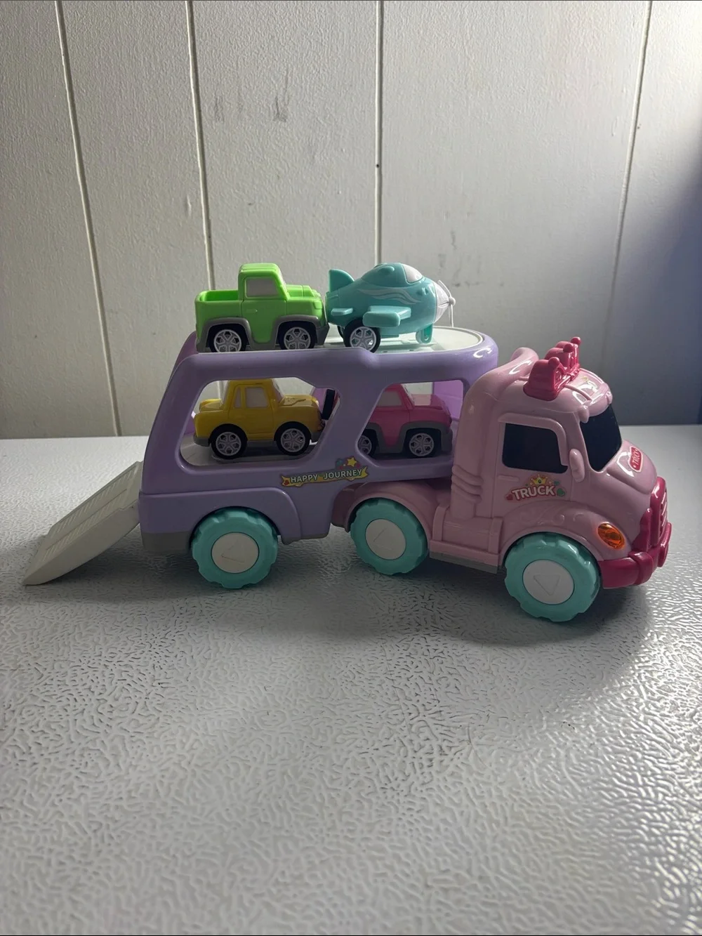 Pastel Kids Car Carrier Playset - Pink and Purple - Happy Journey Kids Truck